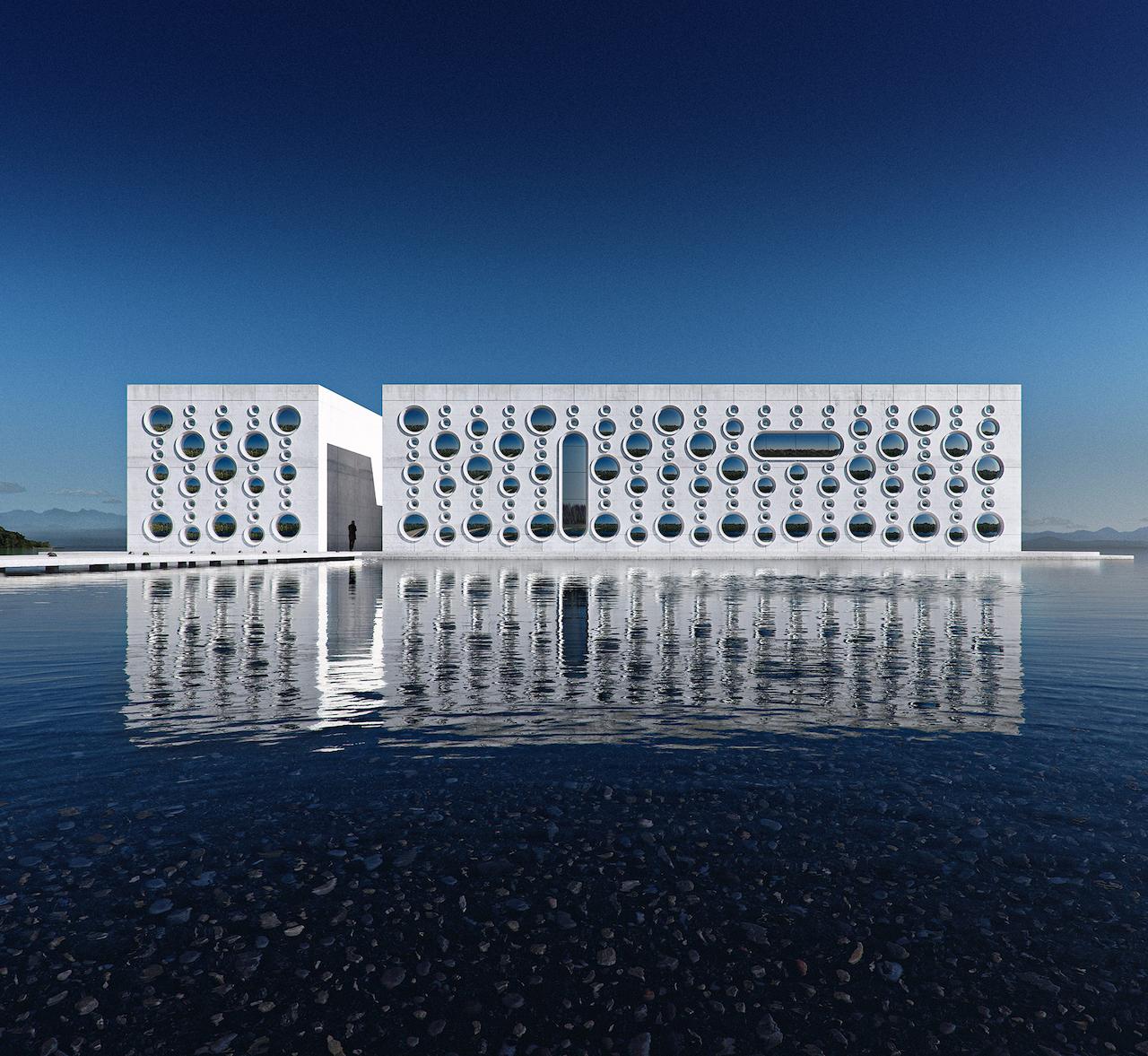 Modern OXYGEN exhibition center with round windows and water reflection, 3D architectural artwork